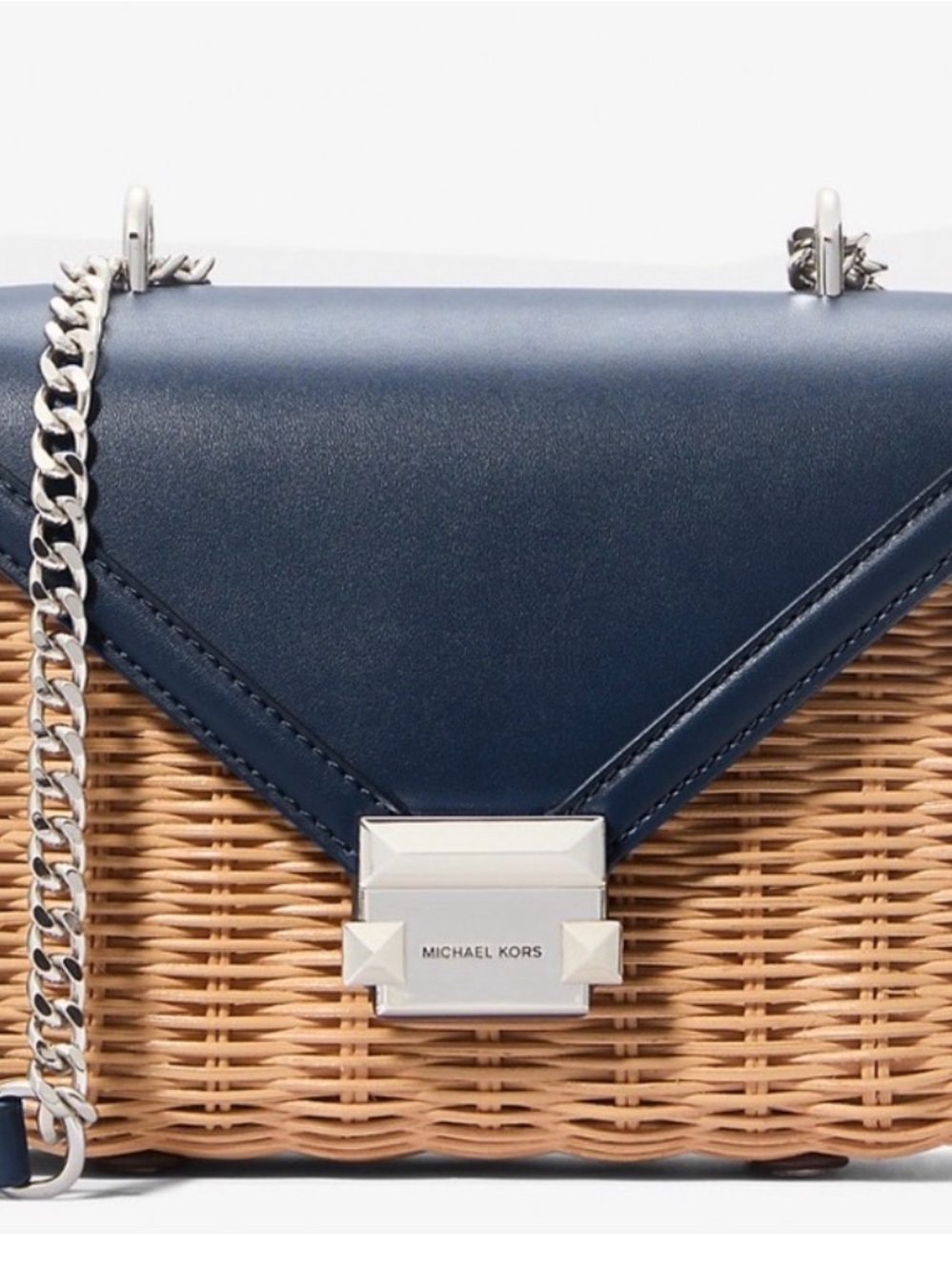Michael Kors Navy Leather and Wicker Crossbody with Silver Chain